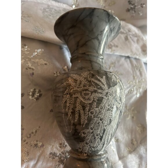 Handcrafted Gray Marble Vase With Intricate Silver Peacock Design - Picture 8 of 9